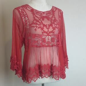 Whimsigoth Sheer Crochet Embroidered Tule Top Flared Sleeves Women's Size *Large